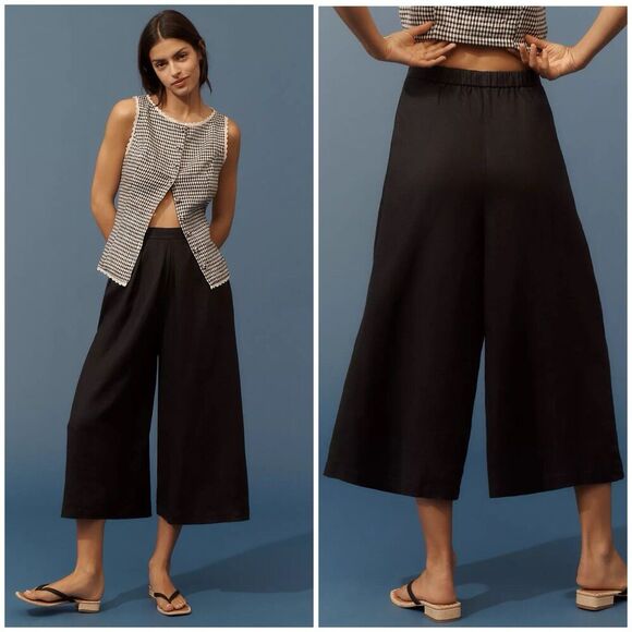 Anthropologie Linen Pleated Culotte Trousers Black Wide Leg Cropped Pants Small - Picture 1 of 14
